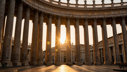 Naklejka premium grand columns framing a sunset view. Light shines through the columns, highlighting the architecture and the peaceful setting.
