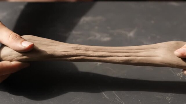 Hands kneading and stretching pottery clay on workshop table