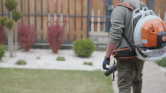 A professional landscaper uses a powerful gasoline leaf blower to clean a decorative garden bed with white gravel and topiary trees near a private house fence.