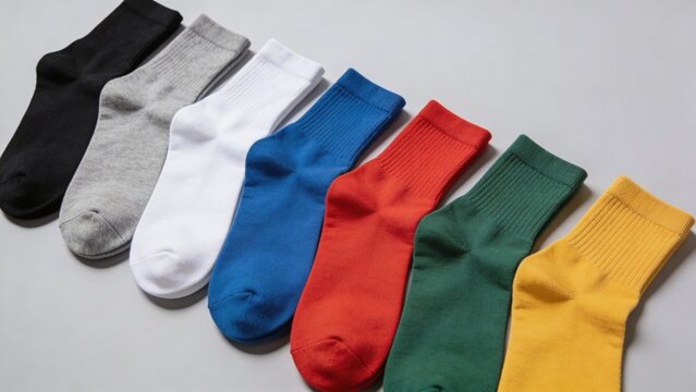 Stacked multi-color blank crew socks mockup on white background, professional apparel template for colorful product range.