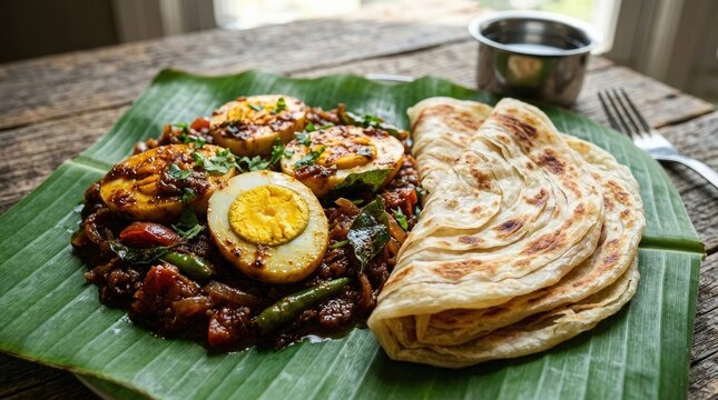 South indian cuisine a vibrant banana leaf meal with seafood and parotta