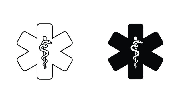 Medical star of life emblem with serpent and staff symbol for emergency services and first aid branding in professional outline and solid black vector design for ambulance and hospital signage