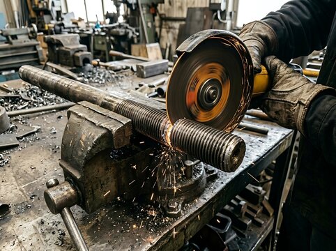 Man in gloves cutting threaded metal rod with angle grinder sparks fly  industrial workshop scene
