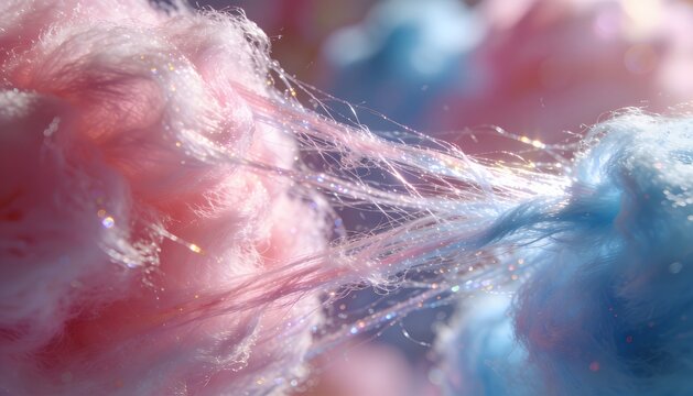 Cotton candy machine spinning sugar in a stall showing airy pink and blue strands in macro detail