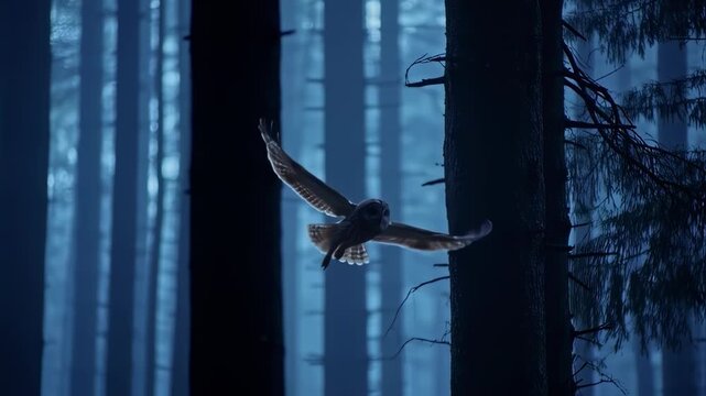 Owl in flight through a mystical forest at night