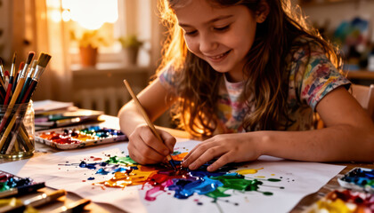 Fototapeta premium A girl is painting with vibrant colors on paper. The girl uses a brush to create art, surrounded by various painting supplies and a warm, inviting atmosphere.