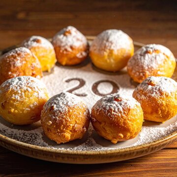 Arrangement of twenty small doughnut holes on a plate with powdered sugar