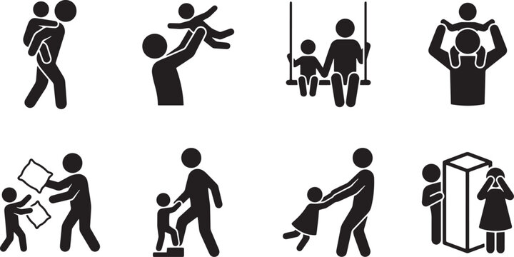 Family playtime activities set with parent and child engaged in active games and outdoor recreations.