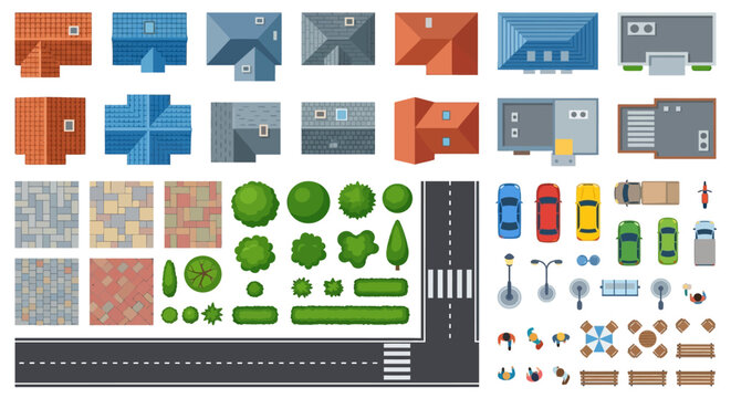 city building set vector illustration with houses trees and roads