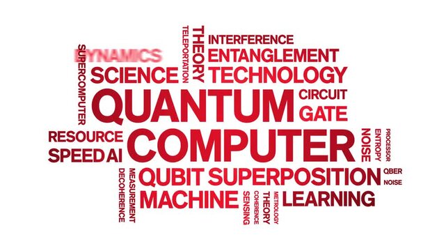 Quantum Computer animated word cloud-text design animation tag kinetic typography seamless loop.