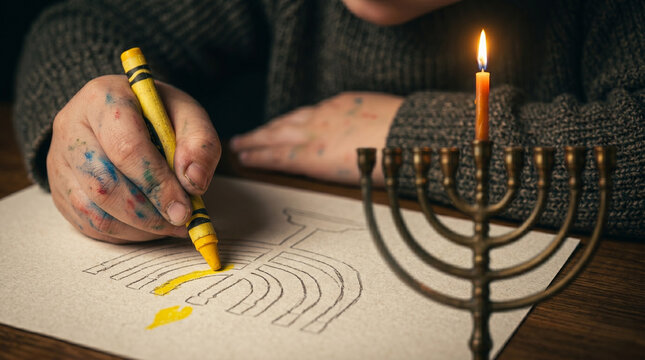 Child's hand drawing menorah flame with creative joy celebrating Hanukkah against warm candlelight background