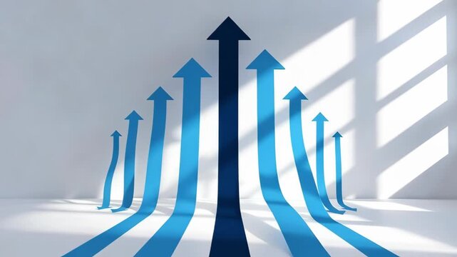 Tracking shot dolly forward of blue upward arrows rising and converging on white studio floor with window light and shadows