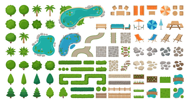 summer landscape elements vector illustration with trees ponds and furniture