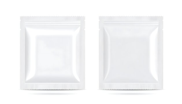 Two empty white square-shaped pouches