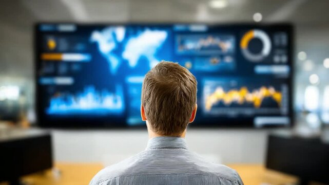 Data Analysis Overview: A professional, focused on a large screen displaying complex data analysis, symbolizes insight and strategic thinking.