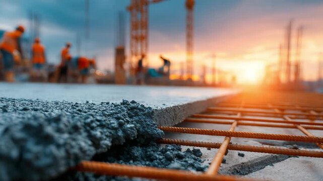 Building Foundation: The construction workers pour concrete, laying the foundation for a new structure, while the sun rises in the background, signaling a fresh start and progress.