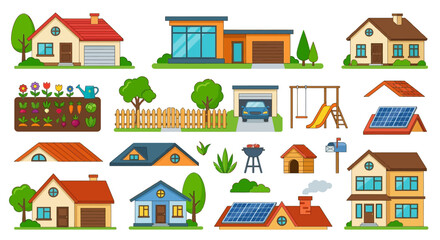 Fototapeta premium collection of colorful house and garden vector illustrations on white background