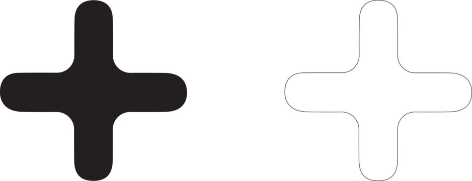 Plus icon, symbol of add, create new item, math sign and positive value, vector icon in two styles: glyph and outline.