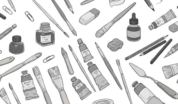 Hand drawn grayscale art tools with brushes paint bottles and pencils vector illustration set