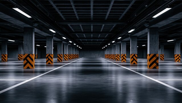 Contemporary underground parking area with bold safety pillars and gleaming reflective floor surfaces
