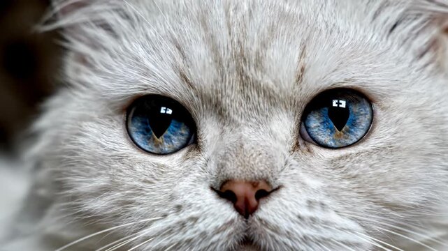 Extreme close-up of a white fluffy cat's face showing detailed blue eyes with sharp window reflections, pink nose, and soft textured fur in a macro photography style.