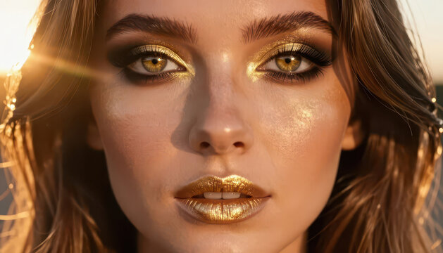 A woman with striking gold makeup gazes directly into the camera. The sunlight highlights her features and shimmering golden lips, creating a bold visual impact.