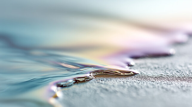Iridescent liquid glides across a textured surface, forming a delicate edge with soft pastel reflections and smooth flowing curves.