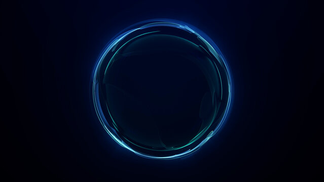 Dark blue transparent circle with glossy glass surface, minimal futuristic orb on deep background, elegant abstract technology illustration.
