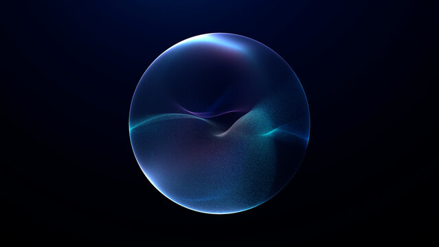 Abstract blue transparent sphere on dark background, glowing cyan and violet inner wave, futuristic glass orb, elegant digital technology illustration.