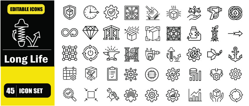 Product Longevity Concept Icon Set
Durable product design with extended lifespan
Sustainable usage and long-term product reliability
