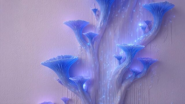 A cluster of bioluminescent fan shaped fungal structures glows against a smooth background, offering an ethereal display of natural light and organic symmetry in a mystical forest setting.
