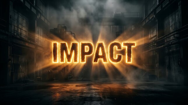 The word "impact" in fiery letters with light rays and smoke dramatic typography powerful abstract contrast background illumination influence statement emphatic collision