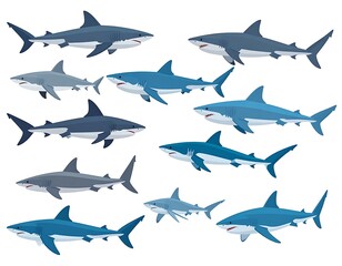 Obraz premium A group of 12 cartoon sharks in various shades of blue and gray