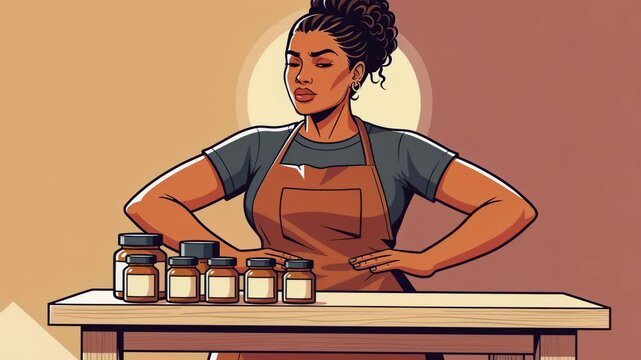A confident woman with curly hair standing behind a wooden table with small jars in a professional artisan setting showcasing her premium handcrafted organic beauty and wellness product line.