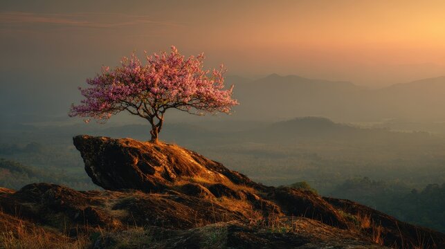 Single Cherry Tree Blooming on Hilltop Rock at Sunrise.