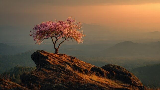 Single Cherry Tree Blooming on Hilltop Rock at Sunrise.