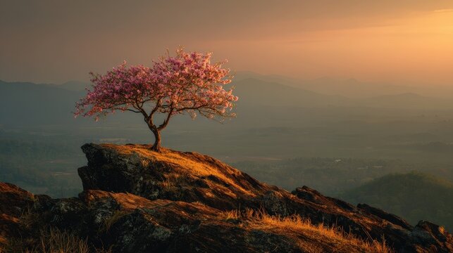 Single Cherry Tree Blooming on Hilltop Rock at Sunrise.