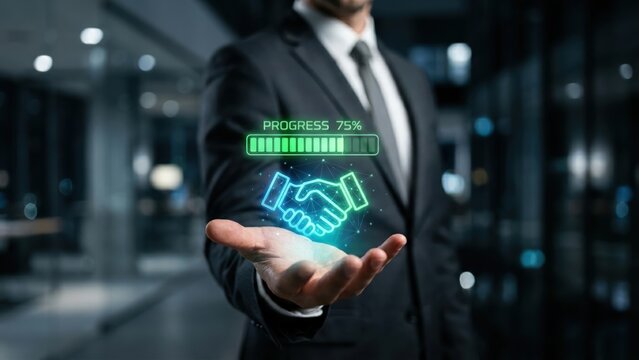 Executive displays innovative digital progress and partnership symbol, indicating success and collaboration.