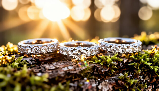 Three rings rest on a mossy log as sunlight filters through trees, creating a serene atmosphere. The rings glisten with intricate designs, capturing the warmth of the sun.