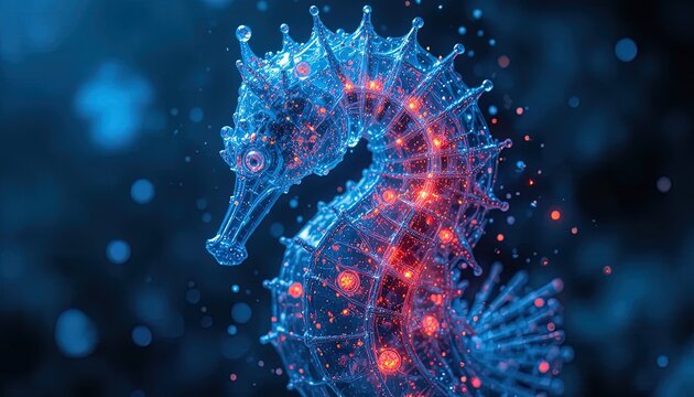 Seahorse silhouette glows with intricate blue and red crystalline structures against a dark background.
