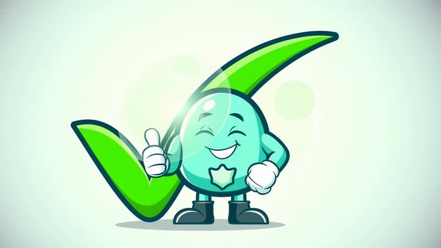 A cheerful light blue cartoon character stands proudly in front of a vibrant green checkmark icon, representing success and positive feedback in this colorful digital illustration design work.