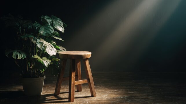 Spotlight on Small Plant and Wooden Stool in Dark Studio.