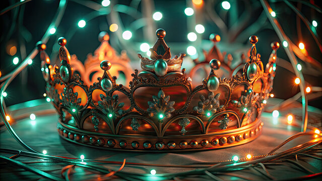 Golden crown spinning on green screen concept. A beautifully crafted crown adorned with glowing lights.
