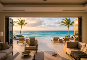 Fototapeta premium Luxurious Beachfront Living Room with Ocean View at Sunset