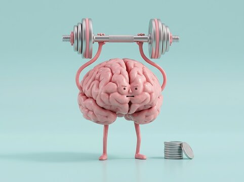 Brain lifting weights, pink brain exercising, workout concept, mental health