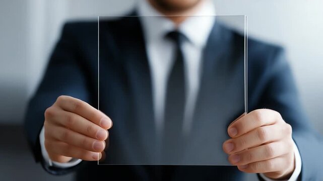 The Transparent Opportunity: A sophisticated business professional elegantly presents a clear glass pane, symbolizing innovation, vision, and the promise of a bright future. 