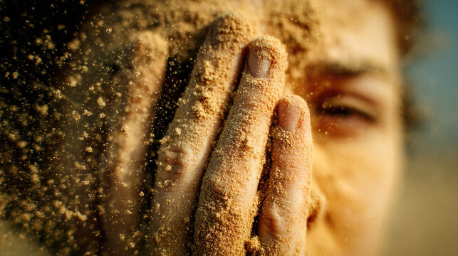 Dramatic biblical scene of moses and burning bush concept. A close-up of a person playfully covered in sand outdoors.