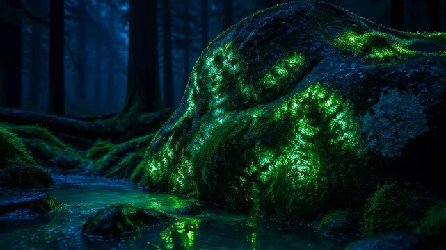 A massive moss covered boulder glows with ethereal pulsating bioluminescent green light in an enchanted dark forest setting, captured in the film file 139 for a truly magical nature experience.