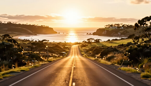 The scenic road leads toward the ocean at sunset, showcasing a stunning coastal view. The hills and trees frame the winding road, enhancing the beauty of the landscape.