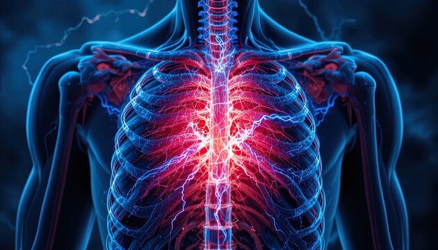 Human rib cage glows with intense internal energy and electrical currents.